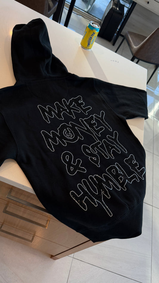 MAKE MONEY & STAY HUMBLE HOODIE (BLACK/SILVER RHINESTONE)